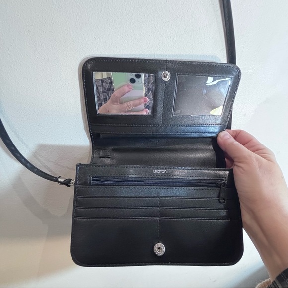 BUXTON Leather Crossbody Wallet Bag Many Compartments Inner Mirror Zipper Snap - Picture 6 of 12